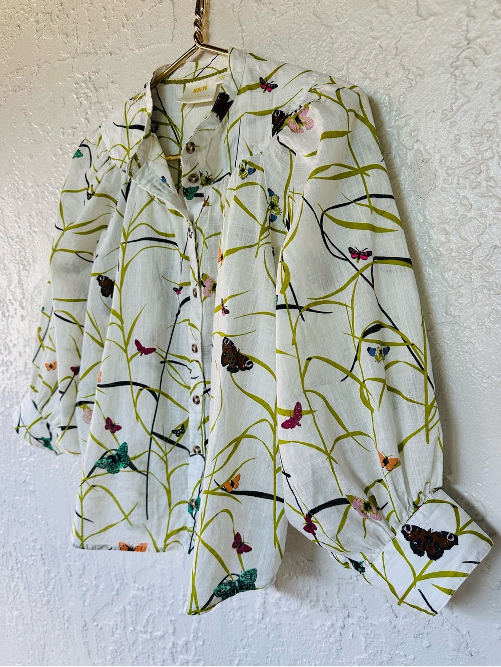 Anthropologie Maeve Butterfly Floral Boho Cotton Puff Sleeve Collared Blouse Top - Picture 6 of 10
